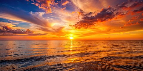 Canvas Print - Beautiful sunset casting warm hues over the calm sea, sunset, sea, ocean, water, horizon, dusk, evening, sky, reflection