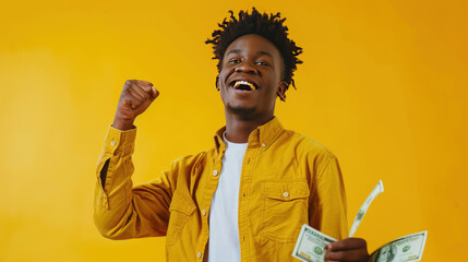 Enthusiastic young man with money, fist in the air, happy and appreciative of his earnings