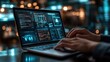 © MAGNIFIER - Hands on a laptop, virtual screens with cybersecurity analysis, immersive high-tech setting