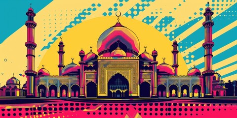 Colorful illustration of a mosque with minarets.