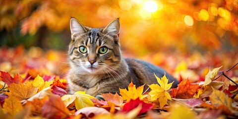 Poster - Cat laying on colorful autumn leaves , Cat, autumn, leaves, fall, pet, foliage, seasonal, outdoor, cozy, animal, nature