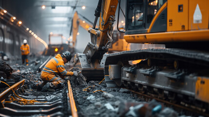 Canvas Print - Construction workers in protective gear and high-visibility clothing working on railway tracks in a tunnel with heavy machinery.