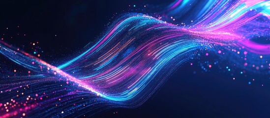 Poster - Vibrant Neon Lines Flowing Abstractly on Dark Blue Background Representing Digital Technology Data Networks and Blockchain Concepts