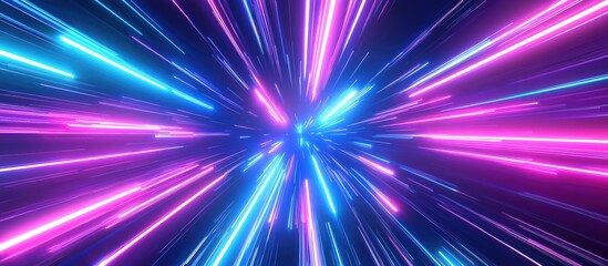 Poster - Vibrant radial light beams in an abstract blue and purple neon glow Cosmic explosion background ideal for events celebrations and festive occasions 3D illustration