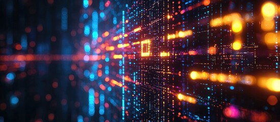 Poster - Glowing Neon Text of Quantum Technology on Abstract Digitally Blurred Background 3D Rendered Scientific Concept Wallpaper