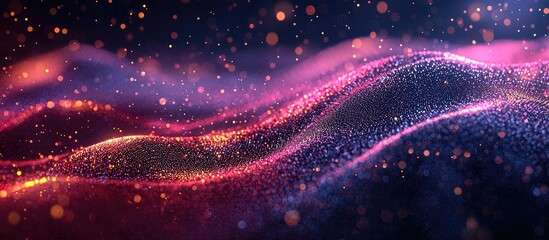 Poster - dynamic wave of particles in an abstract gradient hologram background featuring digital technology a