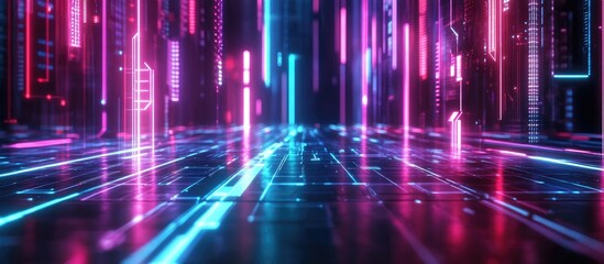 Poster - Futuristic Neon Light Background with Reflective Floor Abstract Virtual Reality and Internet Data Network Connection 3D Rendered Scene