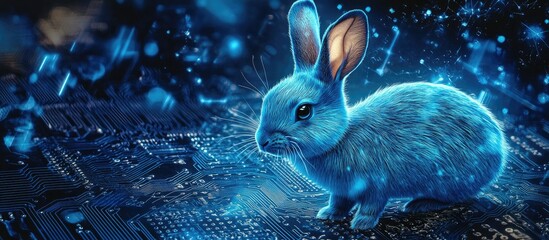Poster - Vivid blue rabbit with Bitcoin on a circuit board representing the fusion of cryptocurrency and advanced technology