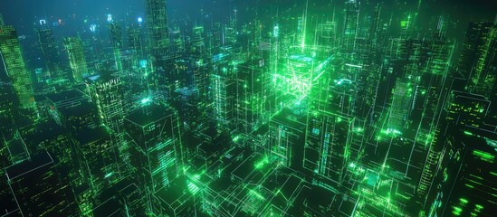 Poster - Futuristic Digital Cityscape Illustrating IoT Connectivity with Neon Green Urban Networks 3D Rendering