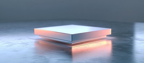 Poster - iridescent microchip levitating against a reflective gray backdrop modern and sleek technological de