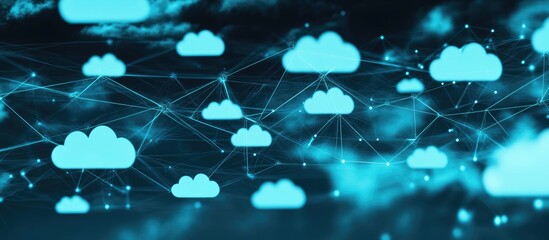 Poster - Network of connections illustrated over digital clouds with arrows on a blue background Concept of global networking technology and digital interfaces