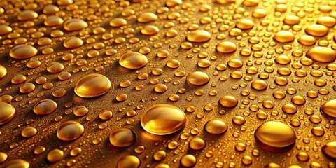 Wall Mural - Close-up of golden water droplets on smooth surface, creating a vibrant pattern in warm, yellow hue , golden, water droplets