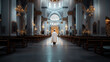 © altitudevisual - A solitary figure wearing a white religious robe kneels in the aisle of an ornate, empty church interior adorned with chandeliers, paintings, and religious icons.