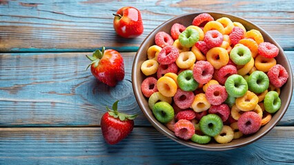 Wall Mural - Healthy apple strawberry vegetable and fruit flavored breakfast cereal rings , breakfast, cereal, rings, apple, strawberry