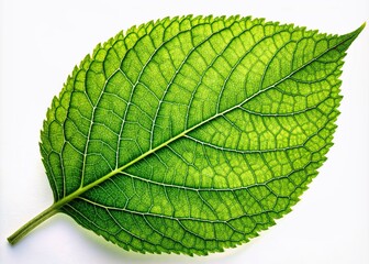 Wall Mural - Fresh vibrant green leaf with delicate veins and edges stands out against a crispy clean white background in a simple yet elegant composition.