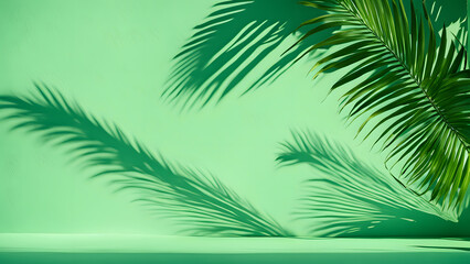 Wall Mural - A green wall with a palm tree and its shadow on it