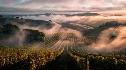 Wall Mural - Misty morning fog rolling over vineyard hills at dawn 