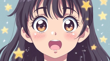 Cute anime girl with stars in her eyes, looking excited, in vector style