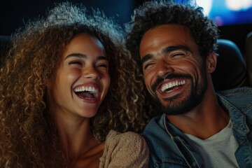 A happy couple with curly hair is laughing together in a dark theater, enjoying each other's company, surrounded by the warm and relaxed atmosphere of the venue.