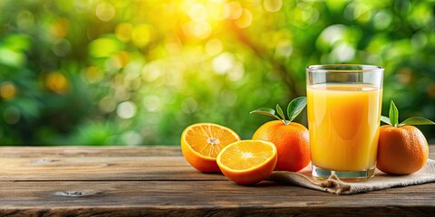 Sticker - Freshly squeezed orange juice in a clear glass on a wooden table , fresh, orange, juice, healthy, drink, beverage