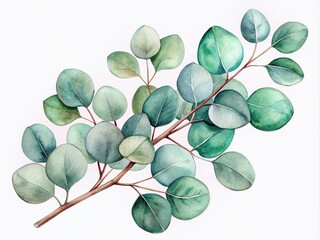 Wall Mural - Delicate watercolor illustration of a lush eucalyptus branch with vibrant green silver dollar leaves, isolated on a crisp white background, perfect for botanical designs.