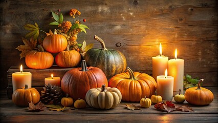 Sticker - Photograph of a classic still life arrangement featuring pumpkins and lit candles , pumpkins, candles, autumn, harvest