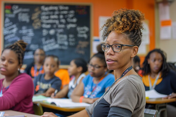 Sticker - Experienced Teacher Engaging Diverse Students in Classroom Setting  