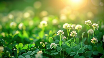 Wall Mural - Clover flowers in a field of green grass during springtime with blurred background and copy space