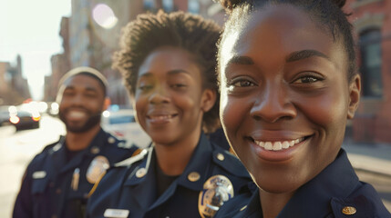 Wall Mural - A close-up shot of three happy black female police officers standing in front, with one male officer behind them all wearing dark blue uniforms smiling at the camera