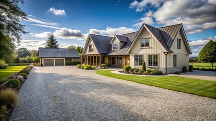 Wall Mural - Modern farmhouse with a gravel driveway leading to a secluded retreat, modern, farmhouse, gravel driveway