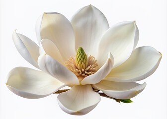 Poster - Delicate, large, pure white magnolia flower with creamy stamens and soft petals, gently curled and twisted, isolated on a transparent background.