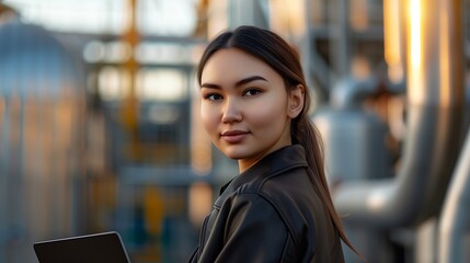 Wall Mural - Beautiful woman with a slight, discreet smile, confident and receptive, with her laptop in front of an industry.