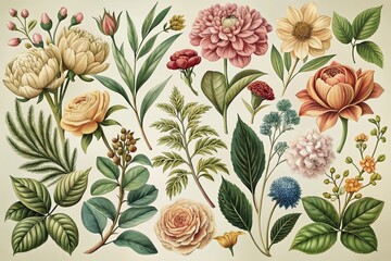 Sticker - Exquisite vintage botanical illustrations of rare flowers and lush greenery adorn this retro graphic design set, evoking nostalgia and elegance in creamy, muted hues.