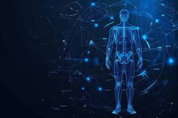 Illustration anatomic human sketch, neon futuristic line art of healthcare and medicine concept sign on dark background.