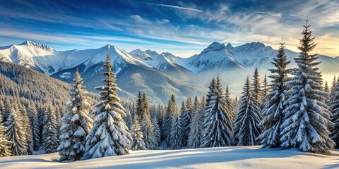 Poster - Snow covered mountains with pine trees in winter , snowy, mountains, winter, cold, landscape, nature, white, icy