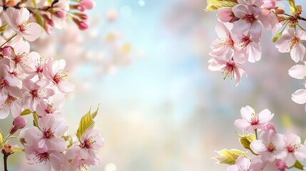 Wall Mural - Spring blossom frame border background for banner with copy space. Spring banner background with pink blossom
