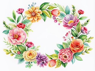 Sticker - Delicate watercolor floral wreath with vibrant flowers and lush green leaves surround a circular frame, isolated on a pure white background, ideal for greeting card design.