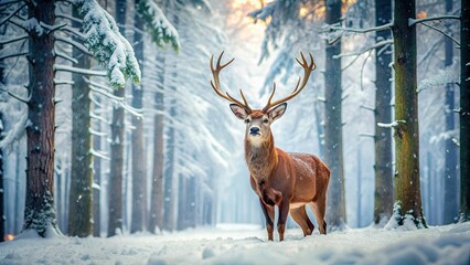 Wall Mural - Snowy forest scene with a majestic deer standing in the snow , winter, deer, antlers, trees, wildlife, nature, cold, frost