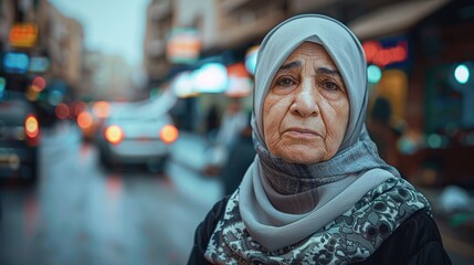 Canvas Print - Serious Old Arab muslim woman wearing a hijab posing in a northern african city