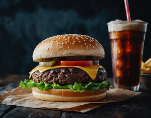 Wall Mural - Delicious juicy hamburger served on a wooden board. Can be used in Burger Menus.