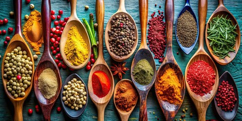 Canvas Print - Various spices presented in colorful spoons , spices, seasoning, culinary, kitchen, flavor, ingredient, cooking