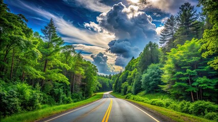 Sticker - Paved road winding through dense forest with vibrant greenery under partly cloudy sky, lush, green, foliage, trees, road