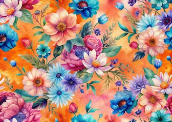 Wall Mural - Seamless pattern of flowers with pink blue and orange background. Pink flowers background. Vector illustration of watercolor textured abstract art textile flower