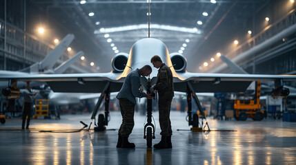 Two military personnel working on machinery under a large aircraft in a well-lit hangar, suggesting a maintenance or manufacturing setting.