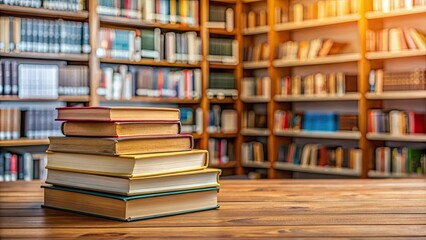 Wall Mural - Book stack on wooden desk with blurred bookshelf in library room, books, stack, wood, desk, shelves, library, room