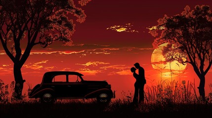 Poster - Silhouette of a Romantic couple kissing on sunset near a vintage car, Valentines theme