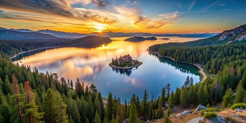 Wall Mural - Aerial panoramic view of Emerald Bay and Cascade Lake landscape during morning sunrise alpenglow, Lake Tahoe