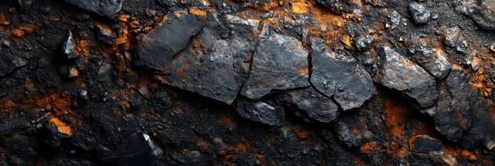 Canvas Print - Abstract Rough Stone Texture Background - A close-up view of rough, dark gray rocks with orange and brown accents, suggesting a rugged, natural environment. The texture is highly detailed, showcasing 