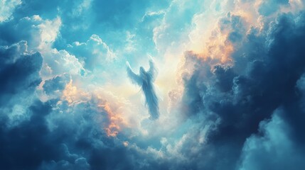 Sticker - Angel Ascending Through Heavenly Clouds - A majestic angel soars through a breathtaking sky filled with luminous clouds, symbolizing hope, faith, divinity, ascension, and spiritual liberation.