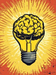 Sticker - Brain Power: Light Bulb with Human Brain Illustration - A brain shaped light bulb illuminating against a grunge background. Represents intelligence, creativity, and new ideas. A symbol of innovation, 